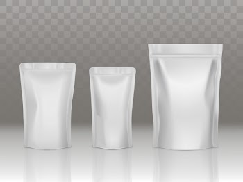 Foil or plastic sachet pouch set with valve and seal isolated on transparent background. Free Vector