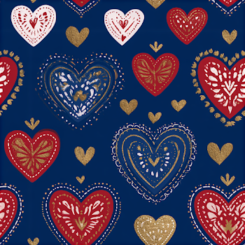 Folk Art Heart Pattern in Navy, Red, and Gold