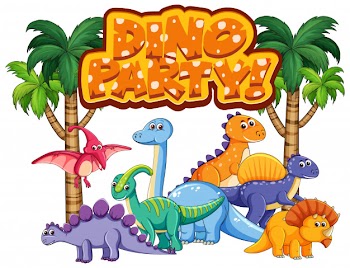 Font design for word dino party with many dinosaurs Free Vector
