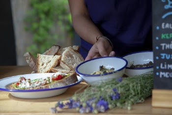 Food and Bread in Blue and White Plate and Bowls