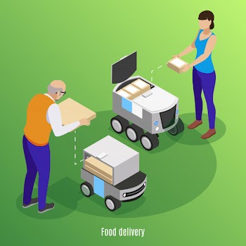 Food delivery isometric background with people loading boxes with pizza and sushi into self drive robotic cars   illustration Free Vector