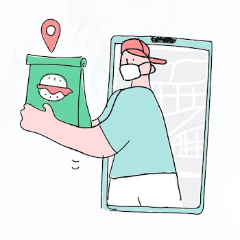 Food delivery psd and social distancing COVID-19 doodle illustration
