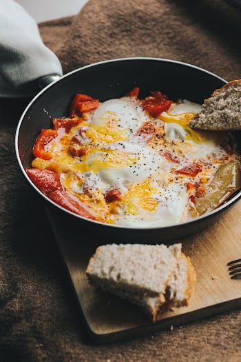 Food Photography of Cooked Eggs and Meat