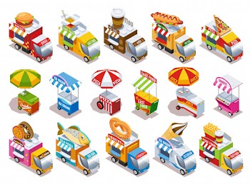 Food trucks and street carts vending fast food drinks and ice cream isometric icons set isolated vector illustration Free Vector