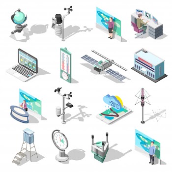 Forecasters office building and devices Free Vector