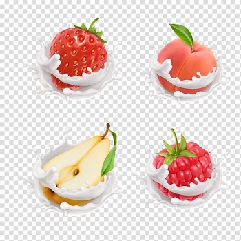 Four assorted variety of fruits splashed on white liquid illustration, Strawberry Milk Adobe Illustrator, Milk surrounded by fruit transparent background PNG clipart