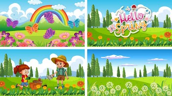 Four background scenes with children and animals in the park Free Vector