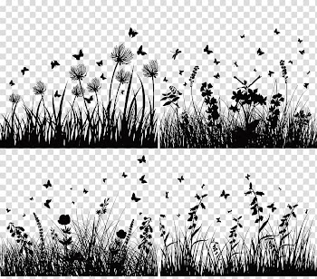 Four black grass s, Flower Silhouette , Dandelion flowers and butterfly silhouettes transparent background PNG clipart