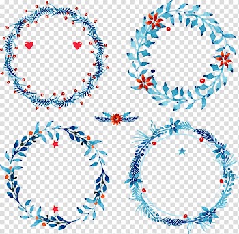 Four blue flower wreaths , Christmas , Hand-painted watercolor Christmas Wreath transparent background PNG clipart