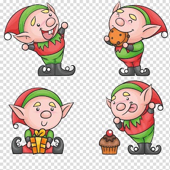 Four Christmas elves poster, The Elf on the Shelf Santa Claus Christmas elf, Funny hand-drawn sprites transparent background PNG clipart