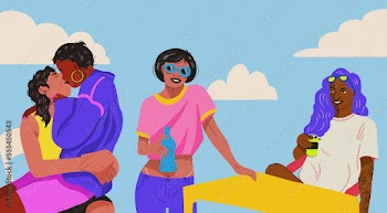 four friends hanging out beer brazilian bar blue sky