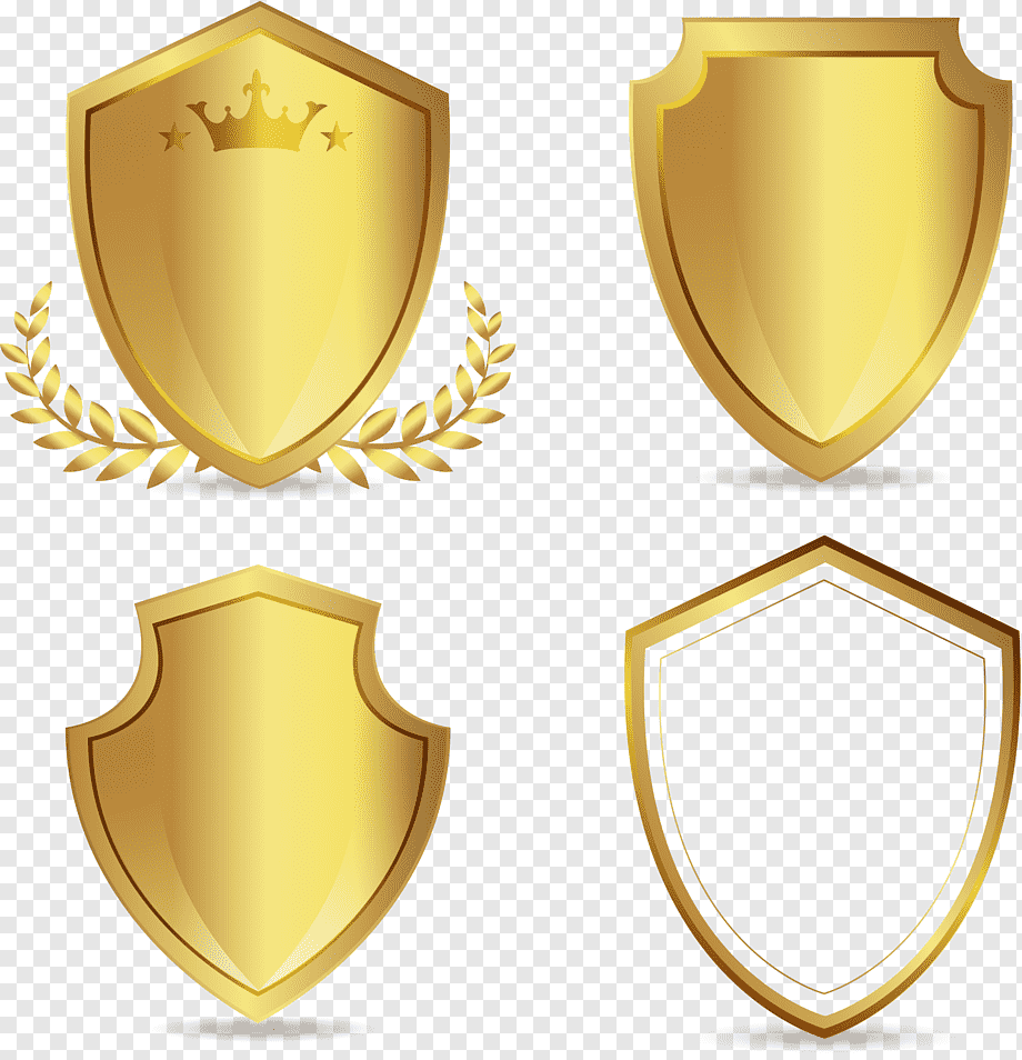 four gold shield logos, Euclidean, hand-painted golden shield, watercolor Painting, golden Frame, painted png