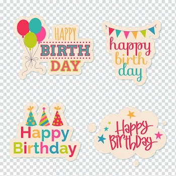 Four Happy Birthday arts, Birthday cake Paper Party, Happy Birthday Cartoon Tags transparent background PNG clipart