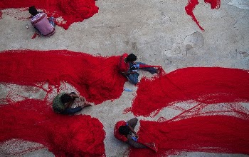 Four men untangle red nets | Free Photo - rawpixel