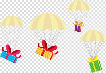 Four multicolored hanging gift boxes illustration, Christmas gift Christmas gift, parachute gift box transparent background PNG clipart