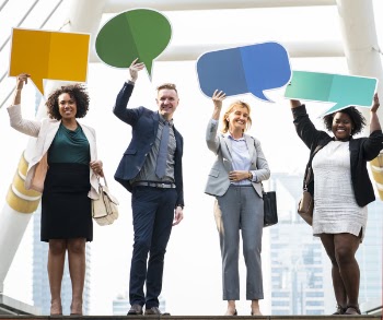 Four Person Holding App Banners