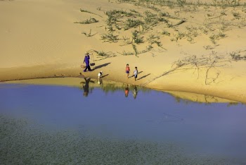 Four Persons Standing Beside Body of Water