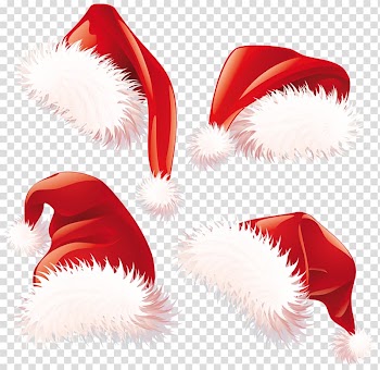 Four red-and-white santa hats illustration, Santa Claus Christmas Hat , Christmas Santa Hats transparent background PNG clipart
