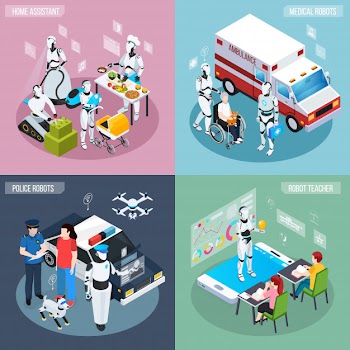 Four robot isometric professions icon set home assistant medical and police robots and teacher descriptions Free Vector