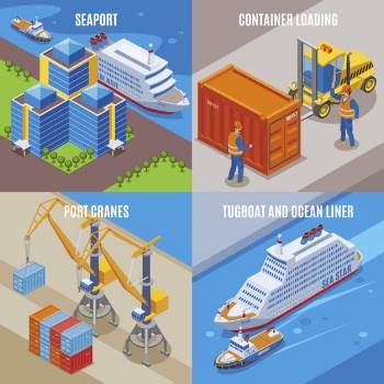 Four seaport isometric icon set with container loading port cranes tugboat and ocean liner descriptions  illustration Free Vector