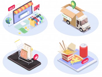 Four shopping e-commerce isometric compositions set with conceptual images of consumer electronics pictograms and goods vector illustration Free Vector