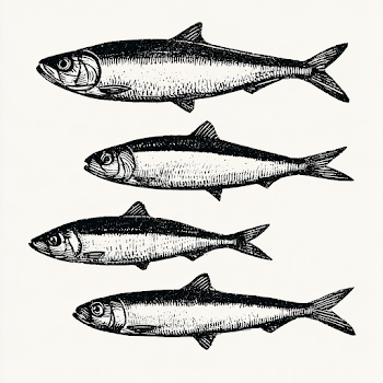 Four Smiling Herring Emblems in Black and White