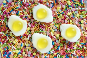 Four Sunny Side Up Egg Miniatures on Assorted-color Candies