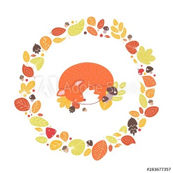 Fox sleeping inside circular frame or wreath made of fallen leaves, acorns, cones