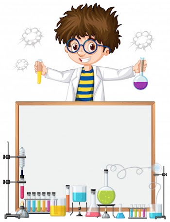 Frame template  with kid in science lab Free Vector