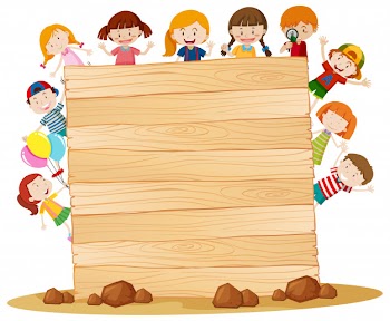 Frame  with happy kids around wooden board Free Vector