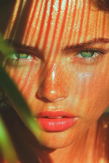 Freckled Skin Woman with Green Eyes in Urban Environment Freckled Skin Woman with Green Eyes in Urban Environment