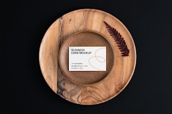 Free Business Card on Wooden Plate Mockup