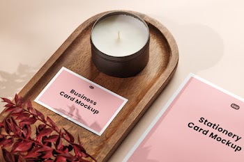 Free Business Card with Small Candle Mockup
