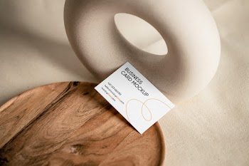 Free Business Card with Wooden Plate Mockup