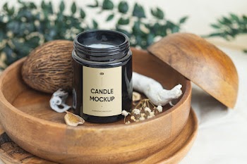 Free Candle in Wooden Bowl Mockup