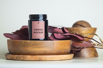 Free Candle with Wooden Bowl Mockup