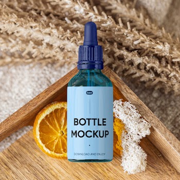 Free Dropper Bottle on Wooden Tray Mockup