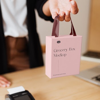Free Grocery Box in Hand Mockup