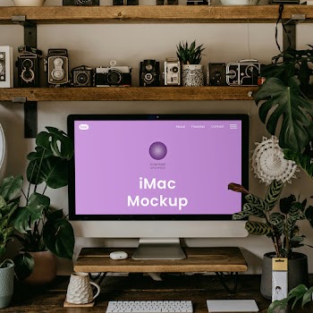 Free Home Office iMac with Plants Mockup