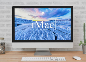 Free iMac Placing on Wooden Table Mockup imac 