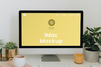 Free iMac with Plants Mockup