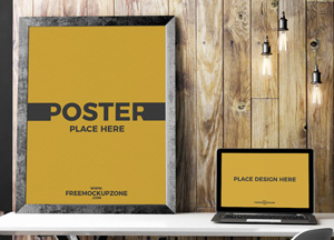 Free Laptop With Poster Frame Mockup poster place here place desicn here freemockupzone 