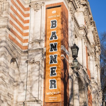 Free Long Vertical Banner on Wall Mockup