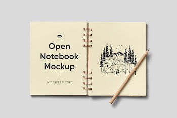 Free Open Notebook with Pencil Mockup
