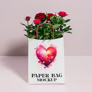 Free Paper Bag with Roses Mockup