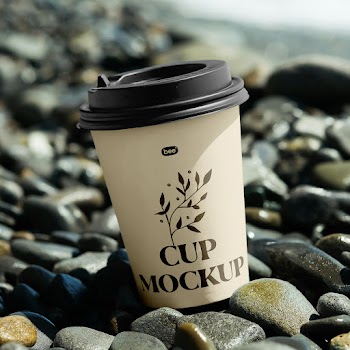 Free Paper Cup on Stone Beach Mockup