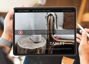 Free Person Working on Tablet Mockup home inteor tablet 