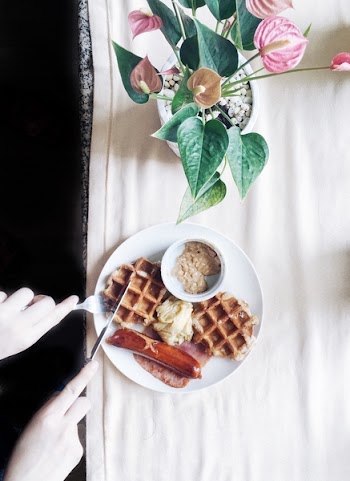 Free Photo of waffle, flatlay, flowers