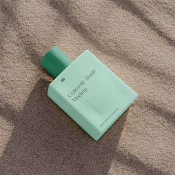 Free Square Bottle on Beach Mockup
