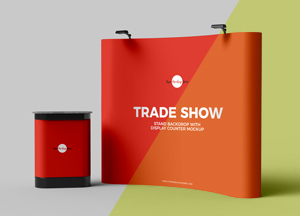 Free Trade Show Banner Stand Backdrop With Display Counter Mockup PSD trade show taac rte d o 